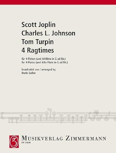 4 Ragtimes: von Scott Joplin, Charles L. Johnson und Tom Turpin. 4 Flöten (und Altflöte in G ad libitum). Partitur und Stimmen.