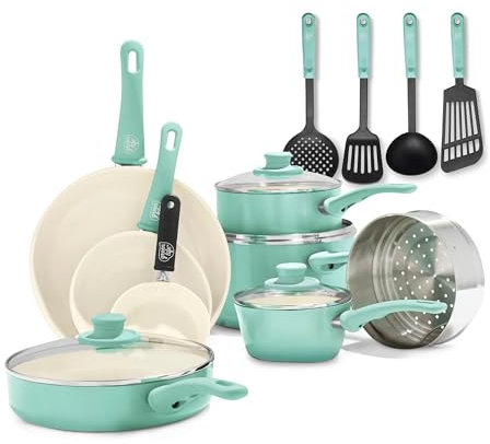 GreenLife Soft Grip Healthy Ceramic Nonstick 16 Piece Kitchen Cookware Pots and Pans Set, Includes Frying Pan Skillets Sauce and Casserole, PFAS-Free, Oven Safe, Turquoise