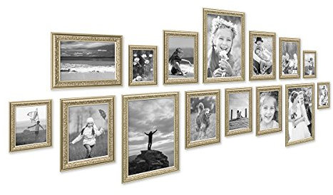 PHOTOLINI 15er Bilderrahmen-Set Antik Silber Nostalgie 10x15 bis 21x30 cm Fotorahmen mit Glasscheibe/inklusive Zubehör