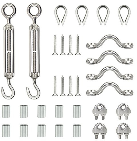 DYWISHKEY Stainless Steel Cable Railing Kits, 2PCS M5 Eye&Hook Turnbuckle,4PCS M3 Thimbles, 4PCS M3 Wire Rope Cable Clip,10PCS M3 Crimping Loop Sleeve,4PCS M5 Wire Eye Straps, 8PCS Screws