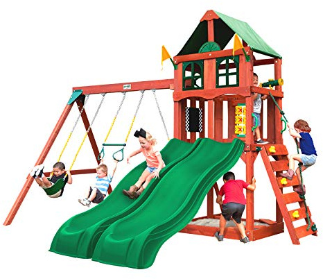 Gorilla Playsets 01-1057 Playmaker Deluxe Wooden Swing Set with Vinyl Canopy Roof, Dual Wave Slides, and Rock Climbing Wall, Redwood Stained Cedar
