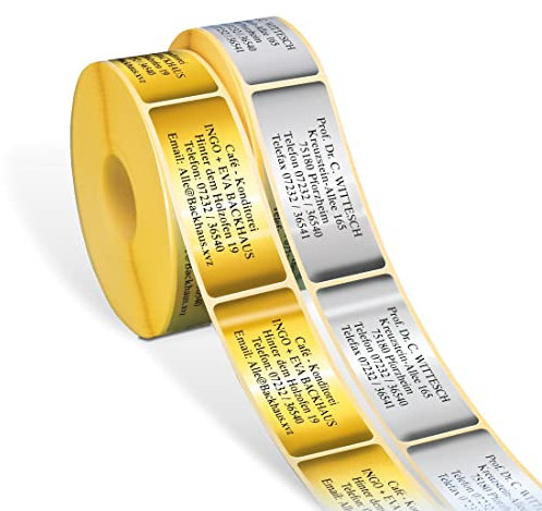 500 exklusive Adressaufkleber, Adressetiketten mit matter Gold- oder Silber-Oberfläche und Ihrem 6-zeiligen Wunschtext, auf der Rolle in der Spenderbox