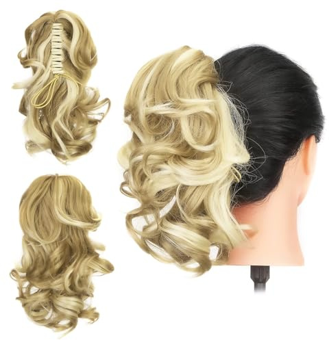 Gairyan 30cm Pferdeschwanz Haarteil Zopf Extensions Lang Lockige Claw Clip in Ponytail Extensions Synthetik Haare Extensions Gewellt Haarteil Haarverlängerung (Sandy Blonde & Gebleichtes Blond)