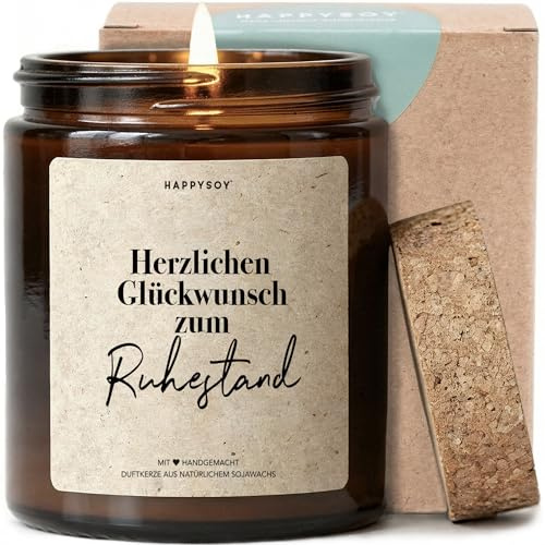 Herzlichen Glückwunsch zum Ruhestand - Duftkerze mit Spruch als Geschenk für Ruhestand & Abschied, Kollegin, Kollege, liebevolle Aufmerksamkeit, Kerze im Glas, blumiger Duft