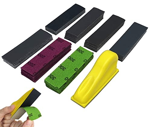 Micro Detail Sander Paper Kit 70PCS Wet Dry Sandpaper-Grit 400 600 800 1000 1500 2000 3000,3.5”x 1”Hand Sanding Block with Hook and Loop Sanding Strips for Craft, Wood and Small Space Sanding Works