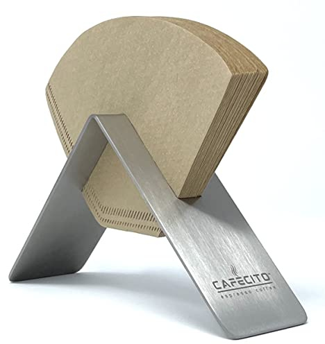 CAFECITO Coffee Filter Holder Stand – Platinum Stainless Steel Cone Filter Dispenser Rack for V60, Chemex, Melitta – Paper Filter Storage Organizer for Home or Café (Brushed Finish)