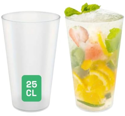 SANYGIENE Gobelet Plastique Réutilisable | Capacité Utile - 25cl - Max : 33cl | Lot de 50 Gobelets | Translucide Aspect Givré | Bière - Jus de Fruits - Sodas | Lave Vaisselle Ok (jusqu'à 500 lavages)