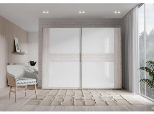 FORTE RONDINO Schrank 270, Kleiderschrank, Schwebetürenschrank groß Modern Schlafzimmer 2-türig Holzdekor: Sandeiche/Weiß Hochglanz, 270 cm breit x 210 cm hoch x 61 cm tief