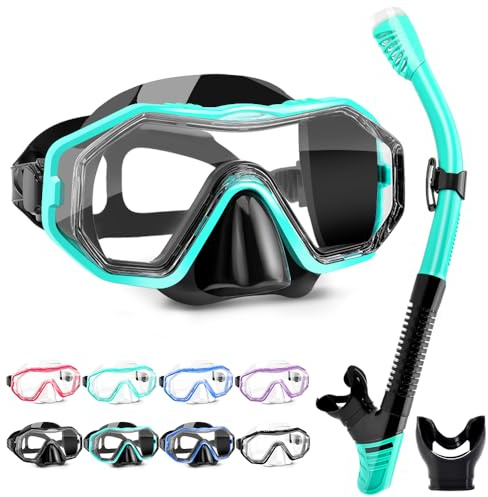 HINATAA Schnorchelset Erwachsene, Taucherbrille mit Silikonschnorchel, Anti-Fog PC Linsen Tauchmasken, 180° Schnorchelmaske, Anti-Percolation Dry Schnorchelset Frauen Männer (Schwarz Grün)