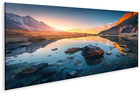 islandburner Prime Bild auf Leinwand Berge mit beleuchteten Gipfeln Steinen in Bergsee bei Sonnenuntergang Bilder Wandbilder Poster