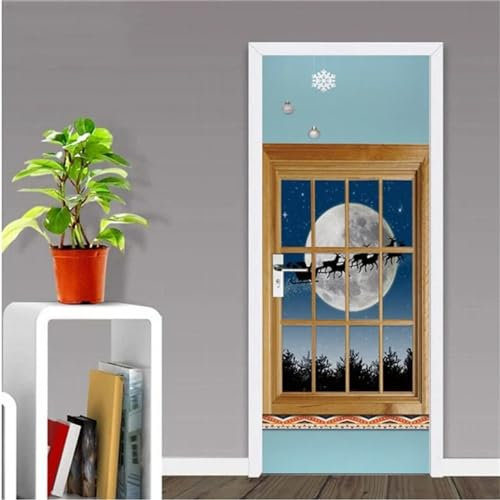 XAONUO 3D Türtapete Selbstklebend Türposter Weihnachten Mond Elch Muster 88X200Cm Abnehmbares Diy Vinyl Wasserdichte Selbstklebende Tür Wandtattoos Für Schlafzimmer Büro Badezimmer