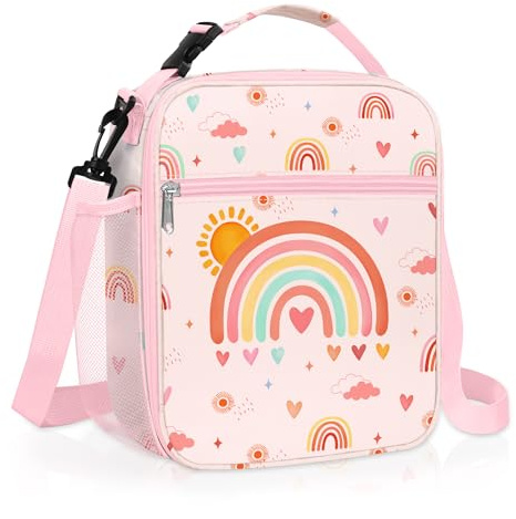 Clastyle Pink Rainbow Insulated Lunch Bag for Kids, Portable Large Thermal Cooler Lunch Bag for Girls, School Lunch Box Bag with Bottle Holder