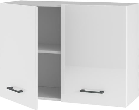 Hängender Küchenschrank 80 cm mit Türen - aus 16 mm Möbelplatte - ideal für mittelgroße und große Küchen - Viel Stauraum - flexibler Aufbau - einfache Montage (Weiß Matt) (weißes Acryl glänzend)