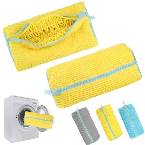 2 Stück Schuhe Waschbeutel, Wiederverwendbare Schuhbeutel Waschmaschine Wäschesack, Schuhe Sneaker Waschbeutel mit Reißverschluss für Waschmaschine (Gelb)