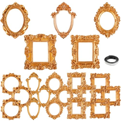 Teenyyou 20 Pcs Mini Gold Picture Frames with Magnetic Tape Small Vintage Resin Antique Miniature Tiny Frames DIY Baroque for Photo Jewelry Home Wedding Decor