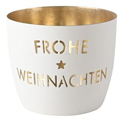 Gift Company [SA2026/08] Madras, Windlicht, M, Motiv: Frohe Weihnachten, weiß/Gold H8,5, D10cm