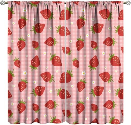 Vorhang Kinderzimmer Cartoon-Frucht-Erdbeere Kinder Vorhänge Mit Ösen Polyester Gardinen Thermovorhang Blickdicht Ösenschal Kindergardinen 170 (B) X 200 (H) cm Für Wohnzimmer,2Er Set 9426351901925