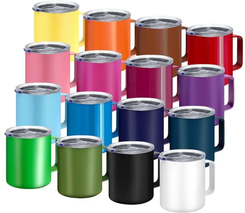 YOUKE OLA 16 Pack Stainless Steel Insulated Coffee Mug Bulk with Handle & Lids, 12oz Vacuum Insulated Double Wall Travel Mug for Hot and Cold Drinks Home Office Car, 16 Colors