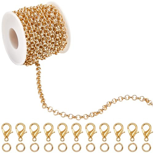 SOFPLATE 33 piede/10 m Catena A Maglie Rolo Kit per La Creazione di Gioielli con Anello di Congiunzione e Chiusura A Moschettone 6 x 2mm Oro Rotolo Connettori Non Saldati Kit per La Creazione di Gioie