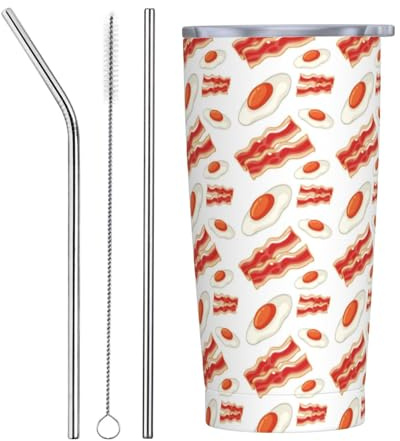 VOSERY Botella de agua de 20 onzas con tapa y popote, diseño de huevos Hobo Bacon, rojo y blanco, vaso aislado de acero inoxidable, taza de café de viaje, vaso personalizado