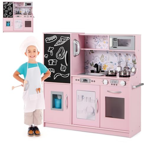 HOMASIS Spielküche mit 10 Zubehör, Kinderküche Holz, Spielzeugküche mit Tafel Spüle Herd Ofen Mikrowelle Eismaschine Telefon, Holzküche Kinderspielküche für Kinder ab 3 Jahre (Hellrosa)