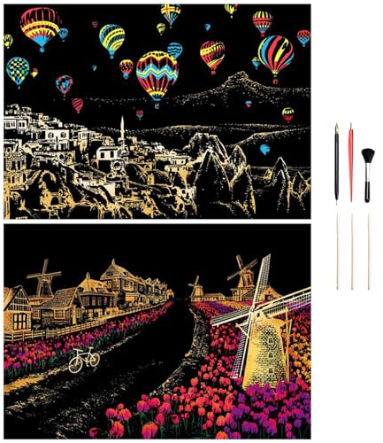 Georgie Porgy Scratch Art Paper Set DIY Arts Craft Kits for Kids Adults Magic Rainbow Cards Boards Christmas Birthday Present for Boys Girls (A3-Windmill+Hot Air Balloon)