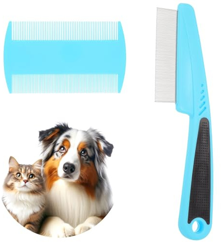 Mynoozi Flohkamm für Haustiere, feine Zähne, Läusekämme, Edelstahlkopf, Flohkamm für Katzen, kleine Hunde, effektiv gegen Flöhe und Zecken, 2 Stück