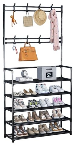 FALANZATH Garderobenständer,Schuhregal mit Garderobe 8 Haken,Kleiderständer mit Schuhablage,Schuhschrank 5 Ebenen,für Eingangshalle Schlafzimmer Flur Wohnzimmer,Metall,Schwarz60x26x167cm
