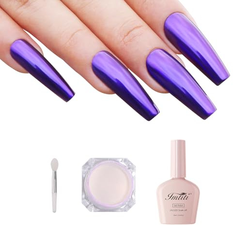 Imtiti Black Gel Nagellack mit Chrom-Nagelpulver Kit – 10ML Schwarzer Gel-Lack & 1g Dunkellila Aurora Metall-Spiegel-Effekt Schimmerpulver für UV-Gelnägel Art DIY-Set