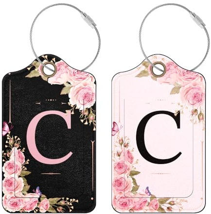 2 Piezas Etiquetas de Equipaje Personalizadas con Iniciales, Etiquetas de Maleta de Cuero PU, Etiquetas para Maletas de Viaje para Mujeres y Niñas (C)