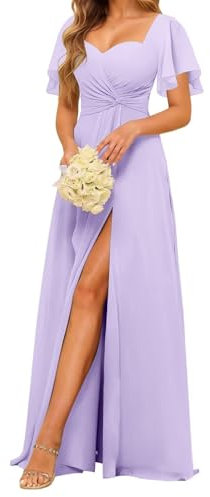 HPPEE Damen Brautjungfernkleider mit Herzausschnitt und Ärmeln Schlitz Plissee formelles Abendkleid, Flieder, 34