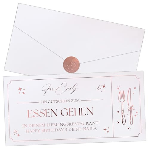 Joli Coon Personalisierter Gutschein zum Essen gehen | Glitzerpapier, Folienveredelung in Wunschfarbe, passendes Kuvert, Siegelsticker, für Gutscheine und gemeinsame Erlebnisse