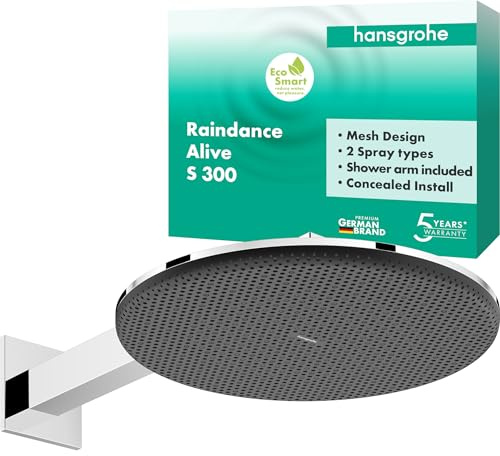 hansgrohe Raindance Alive S - wassersparende Kopfbrause (EcoSmart) mit Brausearm, Duschbrause (300 mm), Regendusche mit 2 Strahlarten für Wandmontage, Brausekopf mit Antikalk-Funktion, Chrom, 24541000
