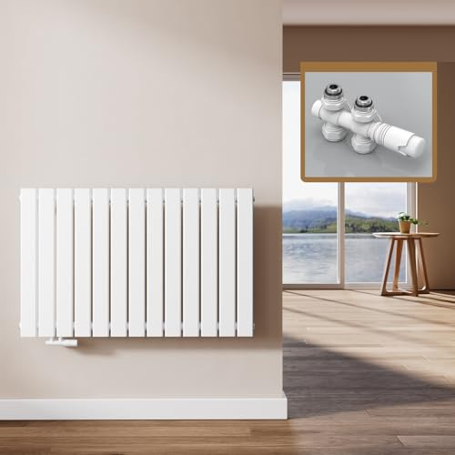 EMKE Design Heizkörper Flach mit Multiblock 630x1006 mm Horizontal Flachheizkörper mit Seitenanschluss, Einlagig Weiß Paneelheizkörper Wandheizkörper für Bad, Schlafzimmer & Wohnzimmer, 712W