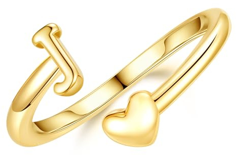 TINGN ring guld dam flickor – 14K guld guldpläterad vattentät hjärtringar med bokstäver stapelbar ring stapelbar promise tumring uttalande guldring present till kvinnor flickvän flicka smycke