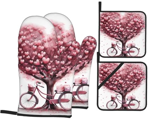 MJHKXLJ Set di guanti da forno e presine per la festa della mamma, San Valentino, romantici, con stampa di alberi e bici a forma di cuore, isolati, spessi, durevoli e anti-scottatura