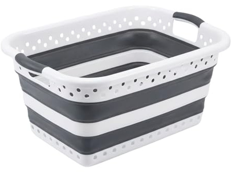 Faltbarer Wäschekorb 45 L - Klappbarer Wäschekorb Grau Weiß mit 3 Griffen - Platzsparender Einkaufskorb für Camping & Picknick - Leicht & Stabil - Ideal für Haushalt, Auto & Outdoor