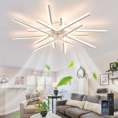 Reversible Ventilador De Techo Con Luz 6 Velocidades Y Mando A Distancia, Lampara Ventilador Silencioso Ceiling Fan with Light Regulable Y Función De Memoria, Para Dormitorios Y Salón-White||8 Heads