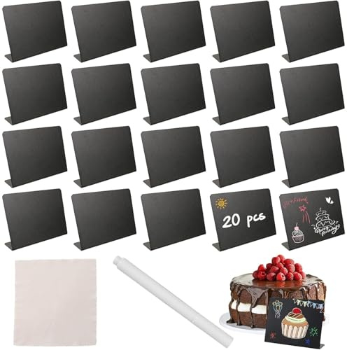 20Pcs Mini Chalkboard Signs, Double Sided Small Blackboard with Wooden Base, Pens, Cloth, Kitchen Notes Chalk Boards, Message Tabletop Board for Food Pricetags Weddings Party Bakery,10 x 7.5cm