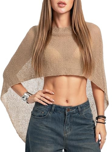 Navneet Poncho Transparente de Punto para Mujer Chal de Ganchillo Transparente Bolero Pareo de Playa Verano Y2K Khaki, S