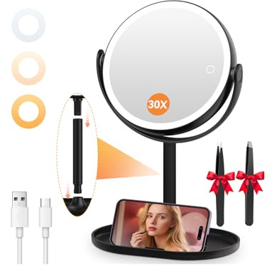 Auxmir Espejo Maquillaje con Luz 1X/30X Aumento Recargable 2000mAh de Mesa | Doble Cara 360° Giratorio, 3 Colores y Brillo Regulable, Base Soporte para Móvil, con USB-C, Desmontable, Negro