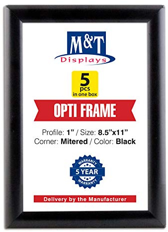 M&T Displays Opti Snap Poster Frame 8.5x11 Inch Black 1 Aluminum Profile Front Loading Wall Mounting Photo Picture Document Certificate Sign Holder Mitered Corner Anti Glare Cover (5 pack)