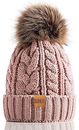 REDESS Wintermütze für Damen, mit Bommel, warmes Fleecefutter, dick, lässig, gestrickt, Skimütze