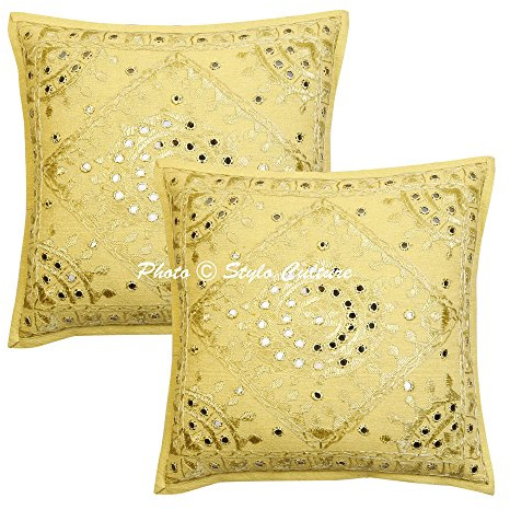 Stylo Culture Ethnico Fundas Cojines Decorativa 40x40 cm Algodón Espejado Funda Almohadon Dormitorio Amarillo Mostaza 16x16 Inch Bordado Cuadrado sobre Fundas para Cojines De Sofas - 2 Pcs