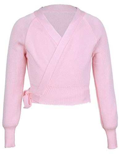 TiaoBug Mädchen Langarm Ballett Top zum Wickeln Pullover Strickjacke Bolero Top Cardigan warme Oberteile Ballettkleidung in Rosa Blau Rosa 134-140