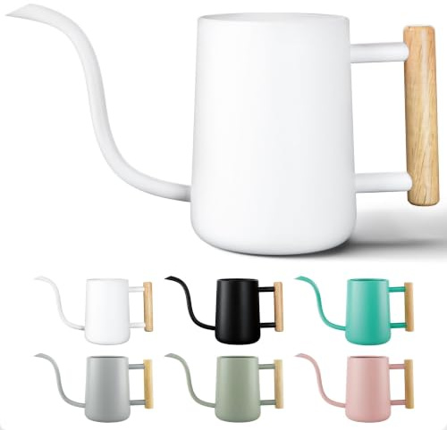 35 oz Metal Small Indoor Watering Can with Long Spout & Real Wood Handle for House Plants, Succulents, Cacti & Seedlings - White Long Spout Watering Can Indoor Plants - Stylish, Gentle Flow, No Spills
