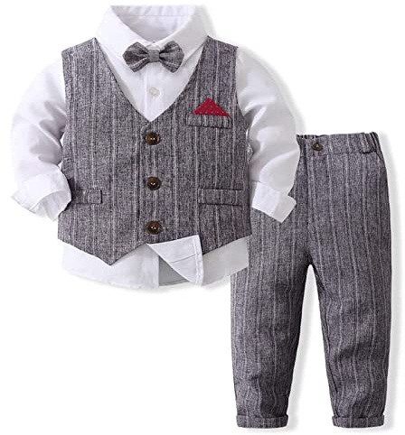 Volunboy Baby Anzug Jungen Anzugweste Hemd mit Fliege für Festlich Hochzeit Bekleidung Set 4tlg（18-24 Monate，Grau，Größe 90）