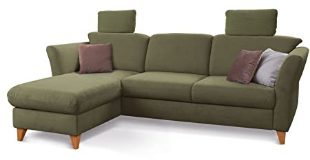 CAVADORE Schlafsofa Trend / Skandinavische Eckcouch mit Federkern, Bettfunktion, Bettkasten im Longchair und 2 Kopfstützen / 249 x 86 x 162 / Cord, Olive