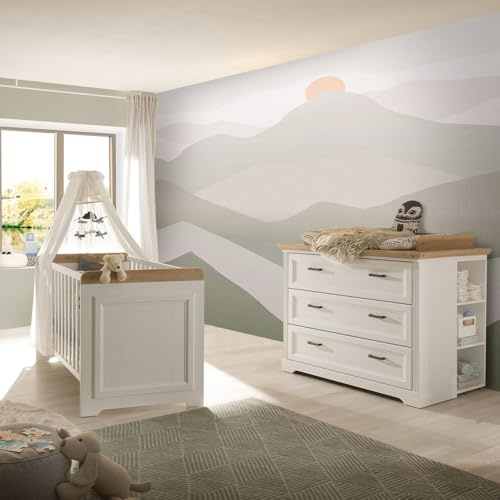 Lomadox Babyzimmer Babygitterbett mit Wickelkommode umbaubar zu Kommode, Landhausstil, Pine weiß mit Eiche