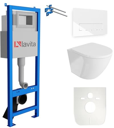 Lavita LAV 101 Vorwandelement für WC 40cm + Wand Hänge Tiefspül WC SOFI ONE Weiß Spülrandlos + Bedienplatte LAV 200.3.1 Weiß + WC Sitz mit Absenkautomatik Unterputz Spülkasten Toilette Komplett Sett